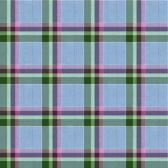 Seamless classic tartan plaid. Pink, green stripes on a light blue background.