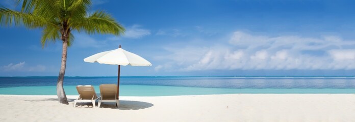 Beautiful tropical beach with palm trees and two empty chairs under the umbrella. Generative AI image