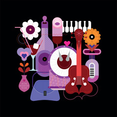 Colour vector design of music instruments, cocktails, wine bottle and fashionable handbag isolated on a black background.