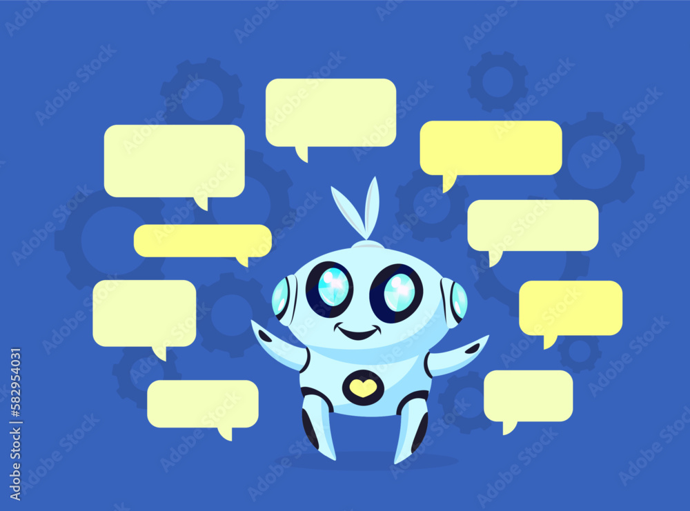 Poster happy chatbot with empty speech bubbles vector illustration. cartoon drawing of smiling robotic char