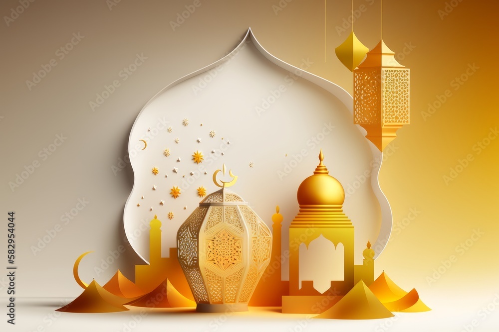 Poster a paper cut design with a mosque and a lantern with the text ramadan. generative ai