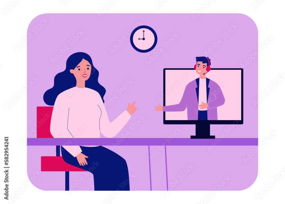 Poster woman consulting call center operator on computer screen. client getting help from hotline operator 