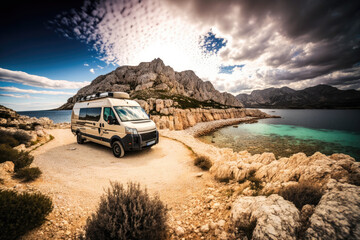 campervan caravan vehicle for van life holiday on mobile home camper mobile motor home RV campervan for an outdoor nomad lifestyle camper van journey camping in the parking in the forest