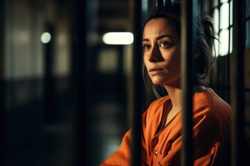 A woman in prison gazes out the window with a sad and lonely expression, trapped behind the cold metal bars of her cell. generative ai