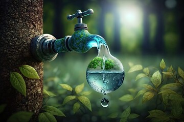 Drop of water falls from Earth in a water saving concept. Generative AI