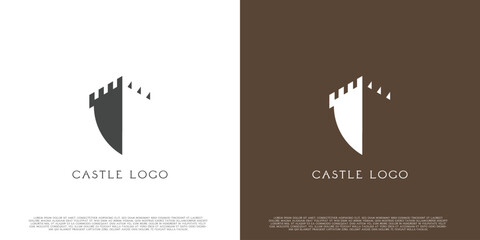 Shield castle logo design illustration. Silhouette castle shield tower brick guild kingdom kingdom. Simple medieval building vintage icon template. Perfect for web or app icons. - obrazy, fototapety, plakaty
