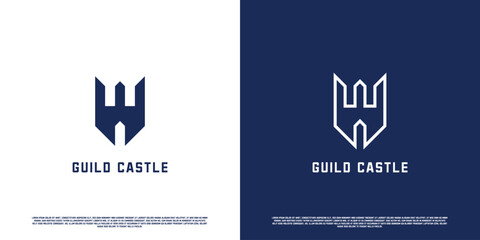 Illustration of W letter logo design for castle. Silhouette of letter W blue castle brick tower guild kingdom kingdom. Simple medieval building icon template. Perfect for corporate branding.