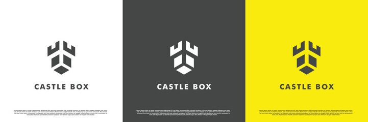 Castle box logo design illustration. Silhouette cardboard box castle tower brick guild kingdom kingdom. Simple medieval building vintage modern icon template. Perfect for web or app icons.