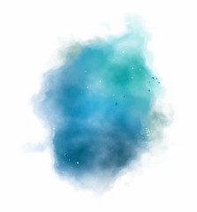 Color splashing hand-drawn watercolor stains background. Blue watercolor blotch and brush on white background.	