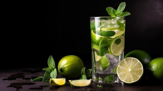 Mojito - a classic Cuban drink made with rum, lime juice, sugar, mint leaves, and soda water, served over ice. Generative AI
