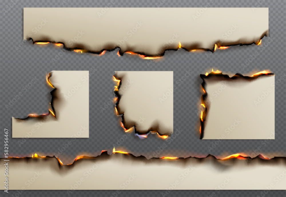 Aufkleber isolated burn paper page edge with fire vector effect. realistic burnt sheet texture and flame borde