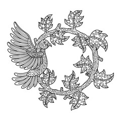 Hand drawn of pigeon with leaf frame in zentangle style