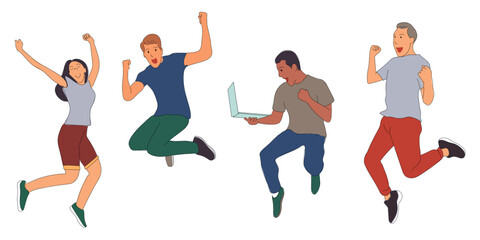 Fototapeta na wymiar Young people are jumping happily. dynamic character. outline simple vector illustration.