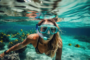 Young woman at snorkeling in the tropical water. Generative AI. - obrazy, fototapety, plakaty