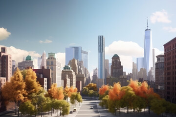Fototapeta na wymiar New York im Herbst mit Wolkenkratzern und Bäumen mit Herbstlaub, generative AI