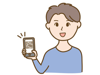 スマホでQRコード決済をする男性_画面表示_カラー