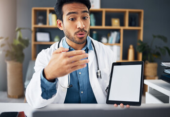 Mockup, Asian man and doctor with tablet, explain diagnosis and healthcare issue in workplace. Male...
