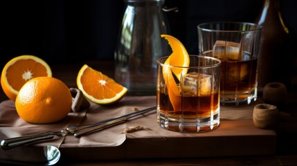 Old Fashioned drink made with bourbon or rye whiskey, sugar, bitters, and a twist of citrus in glass. Generative AI