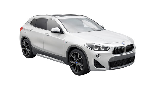Berlin. Germany. March 16, 2023. BMW X2 20d Xdrive 2020. White sports compact SUV car for family and adventure. 3d illustration.