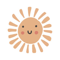 Smiling kawaii sun on white background, summer cartoon character, baby shower boho style