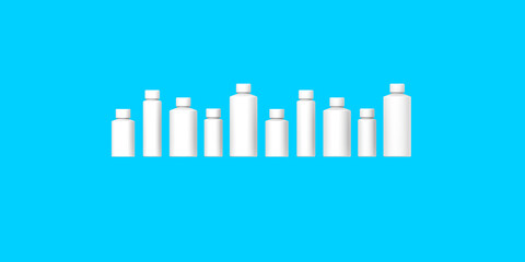 White cosmetic bottles isolated on blue background. Packaging of cosmetics. Ten containers for cosmetics. Horizontal image. 3d image. 3D visualization.