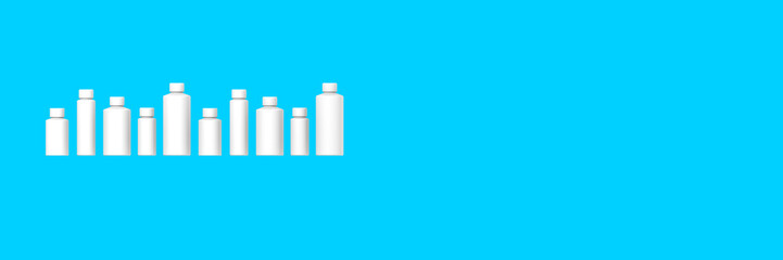 White cosmetic bottles isolated on blue background. Packaging of cosmetics. Ten containers for cosmetics. Horizontal image. 3d image. 3D visualization.