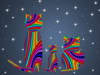 Lovely greeting card with three cats watching stars. Night sky with stars. Silhouette of animal in night sky with stars. - 582958623