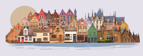 The collage from views of historic medieval buildings along a canal in Bruges, Belgium - Art design