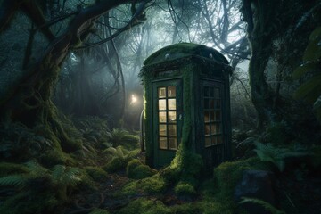 Fototapeta premium Old phone booth abondoned in the forest. Generative Ai