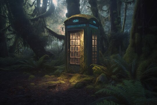Old phone booth abondoned in the forest. Generative Ai