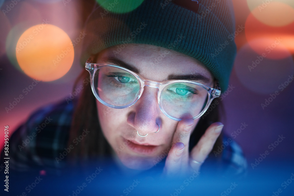 Aufkleber Coding, face and serious woman working overtime at night programming a computer, website or app development. Focus. workaholic and young female student or web design freelancer with a deadline