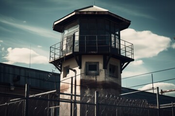 Prison corridor, jail cell and open metal bars door, empty dark facility interior, generative ai