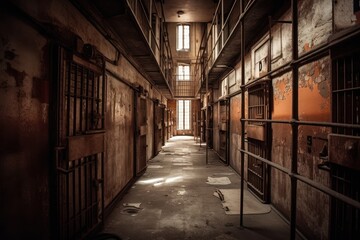 Fototapeta na wymiar Prison corridor, jail cell and open metal bars door, empty dark facility interior, generative ai