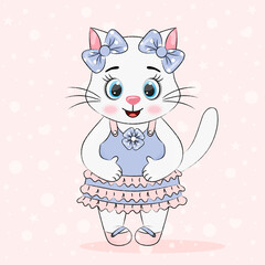 cute cat girl in a lilac dress on a pink background