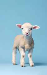 Fototapeta premium Animal creative concept on pastel blue background. Small baby domestic animal, cute baby white sheep, little lamb. Illustration, Generative AI.