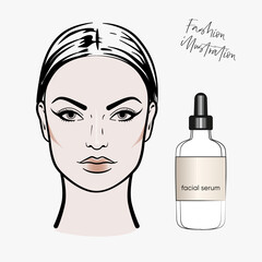 The face of a woman model and facial serum. Fashion illustration of skincare products, linear style