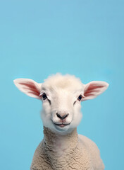 Animal creative concept on pastel blue background. Small baby domestic animal, cute baby white sheep, little lamb. Illustration, Generative AI.
