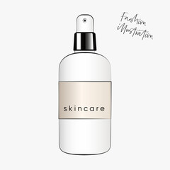 Fashion illustration of a skincare products bottle, linear vector style. Lotion, serum, cleansing foam, moisturizer, toner, sunscreen