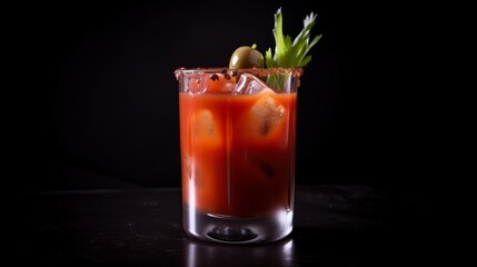Bloody Mary savory drink made with vodka, tomato juice, hot sauce, and a variety of spices, garnished with celery, olives, and other vegetables. Generative AI