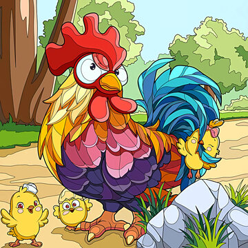 illustration of rooster and chickens