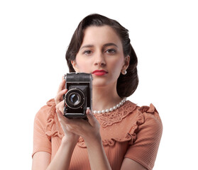 Beautiful woman taking pictures with vintage camera