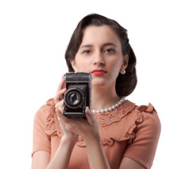Beautiful woman taking pictures with vintage camera