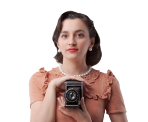 Beautiful woman taking pictures with vintage camera