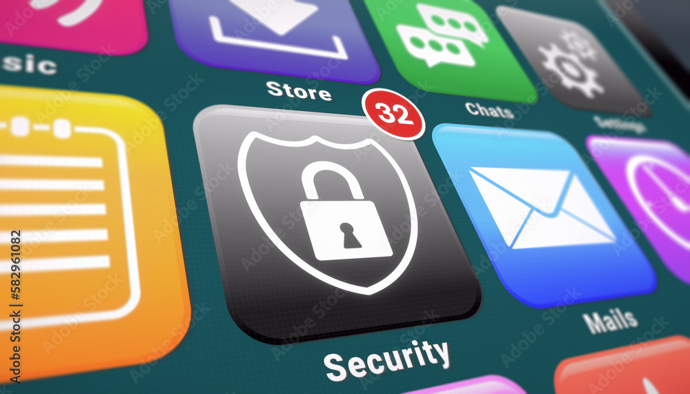 Poster illustation of a smartphone screen. in focus a security app with notifications.