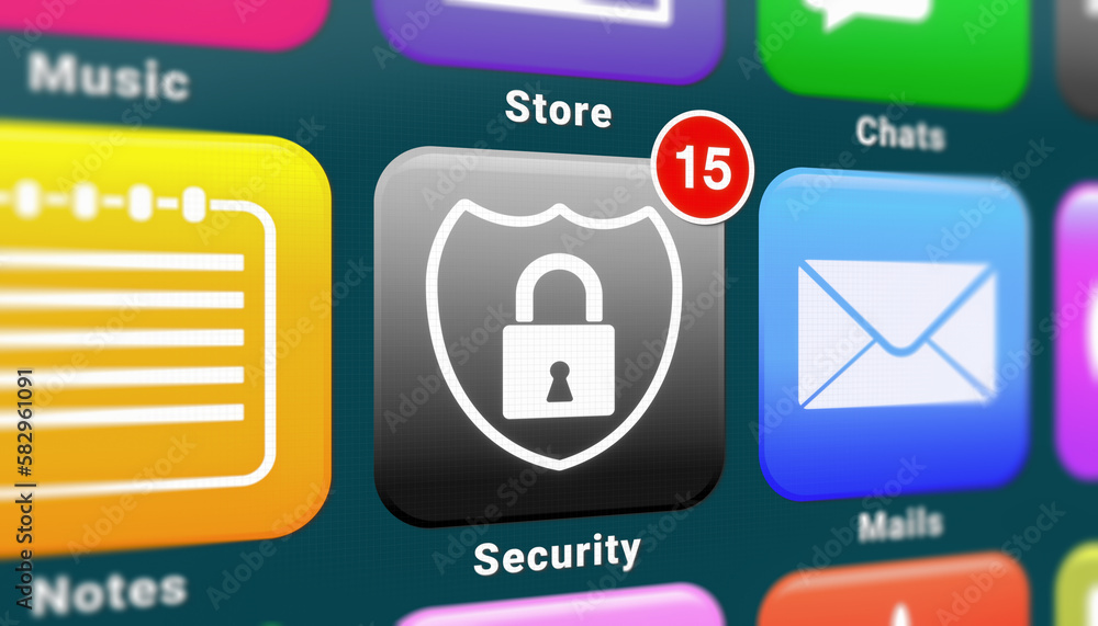Poster illustation of a smartphone screen. in focus a security app with notifications.