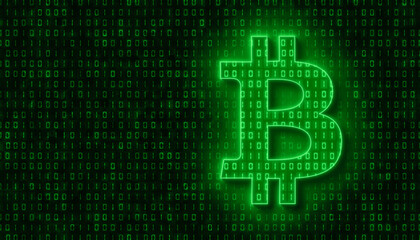 Illustation of bitcoin sign in light green and in the background in dark green a coding of binary code. - abstract background