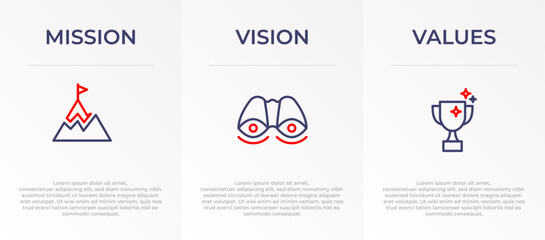 Fototapeta na wymiar Mission, Vision and Values Infographic Vector template banner design. 3 steps infographic banner