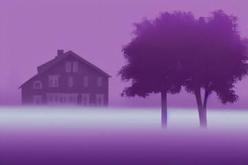 Mystical illustration of an old abandoned house with broken windows nestled among dense fog and trees. Mysticism, mysterious atmosphere, spooky haunted house. Artwork generated by AI