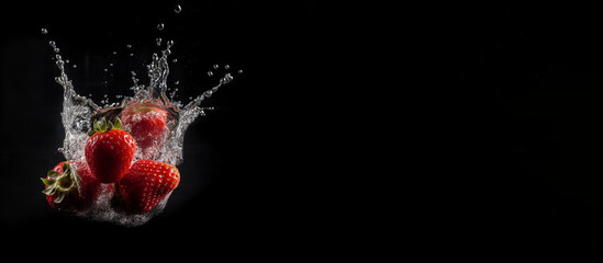 Strawberry in splashes and drops of pure water levitates on a black background. Generative AI.