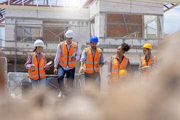 Diverse team of experts Inspect construction sites for commercial and industrial buildings, real estate projects with civil engineers. Investor and worker in background crane, framing skyscraper